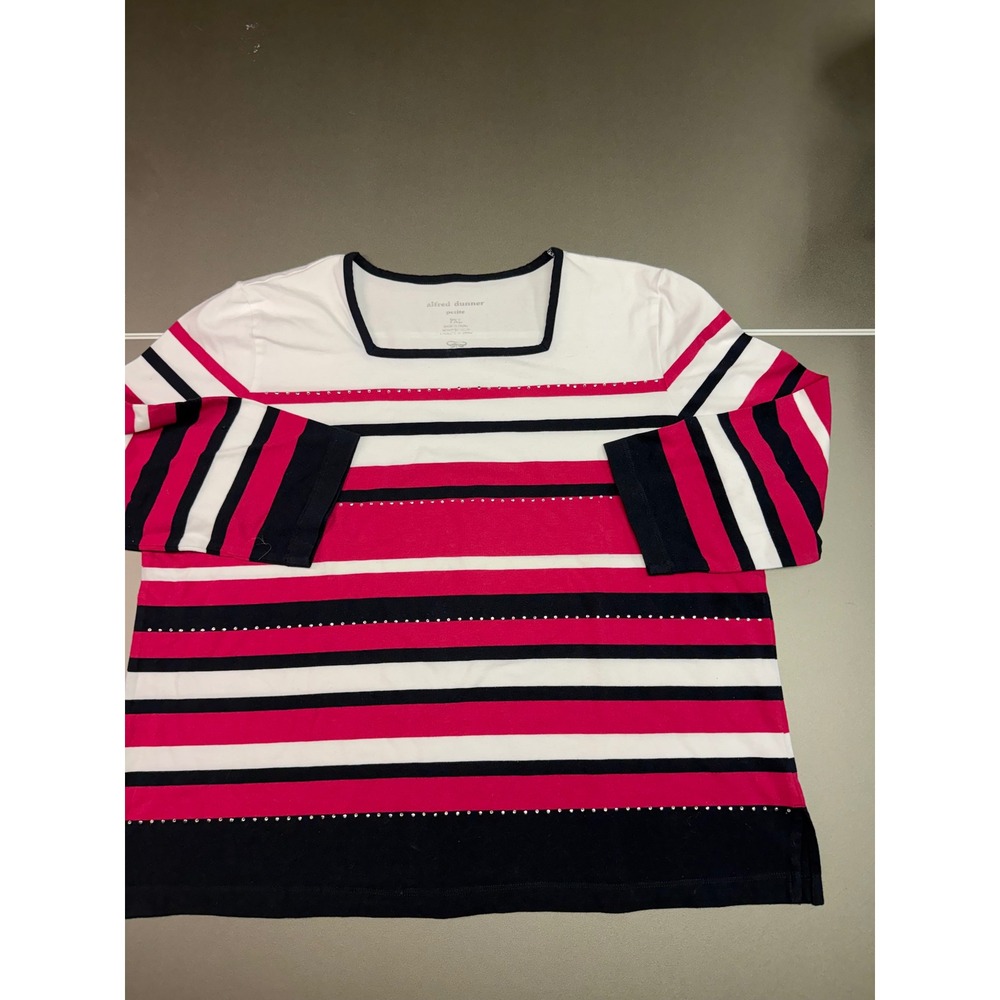 Alfred Dunner Petite XL Striped Square Neck Rhinestone Top Navy Pink White PXL